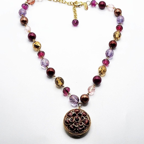 Joan Rivers Jewelry - Vintage Joan Rivers Locket Crystal Purple Bead Enamel Flower Victorian Language